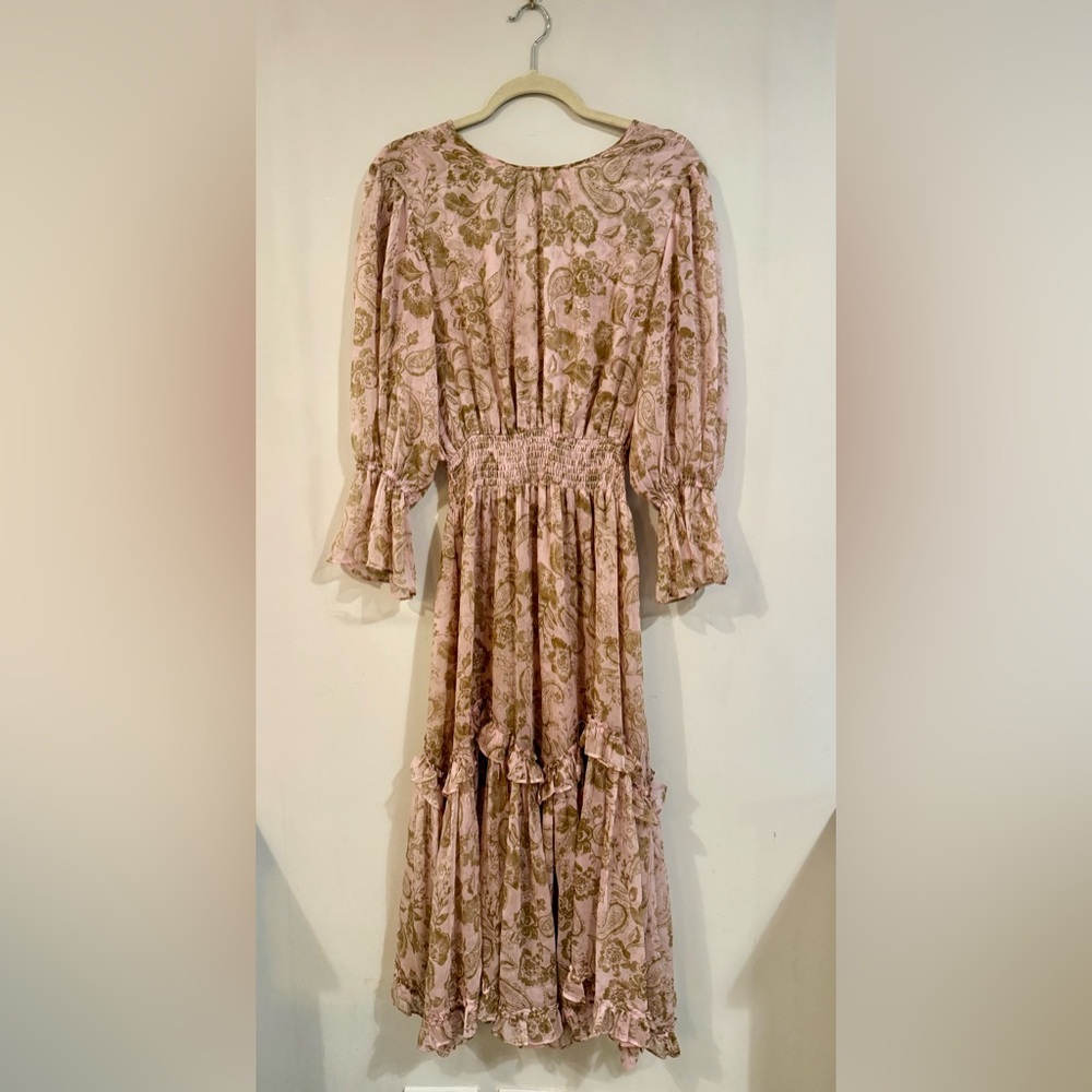 MISA Los Angeles Pink Paisley Ruffle Midi Dress Smocked Waist, Large NWOT